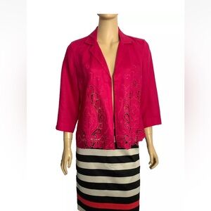 NWT Chico's 1 Novelty Cutwork Linen Jacket Embroidered Raspberry